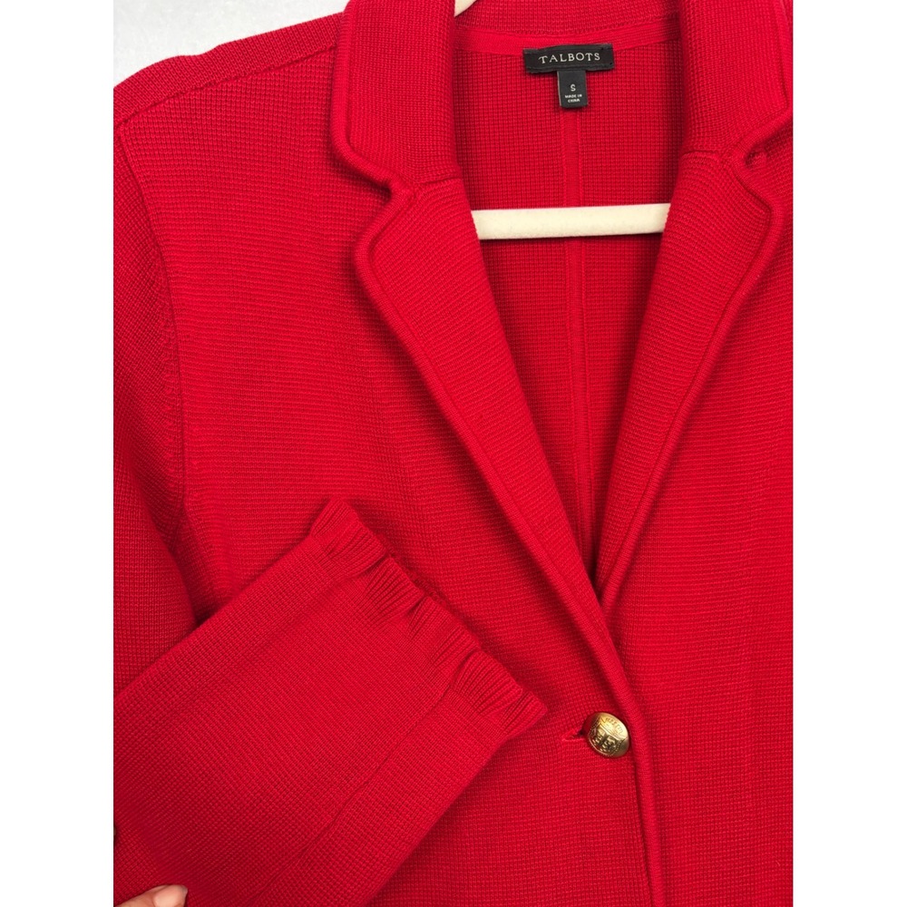 Talbots Sweater Blazer Womens Small Ruffle Trim Gold Crest Buttons Knit